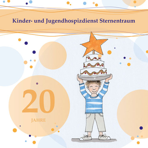 Das Bild zeigt eine Illustration zum 20-jährigen Jubiläum des Kinder- und Jugendhospizdienstes Sternentraum mit einem Jungen, der eine Torte mit einem Stern trägt.