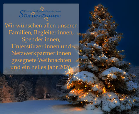Das Bild zeigt eine Weihnachtsgrußkarte. Im Vordergrund ist ein schneebedeckter Tannenbaum mit Lichterketten zu sehen, der in einer winterlichen Landschaft steht. Links befindet sich ein Textfeld mit dem Logo des Kinder- und Jugendhospizdienstes Sternentraum und einem Weihnachtswunsch an Familien, Begleiter, Spender, Unterstützer und Netzwerkpartner für gesegnete Weihnachten und ein helles Jahr 2025. Der Hintergrund zeigt eine verschneite Landschaft bei Nacht.