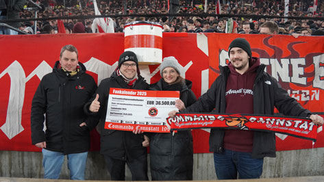 Das Bild zeigt drei Personen, die vor einer großen roten Wand stehen, auf der ein Teil eines Wappens oder Logos zu sehen ist. Sie halten einen großen Scheck über 36.500 Euro und einen Fan-Schal. Im Hintergrund ist eine große Menschenmenge zu sehen, vermutlich bei einem Sport- oder Fan-Event. Die Atmosphäre wirkt fröhlich und feierlich. Es scheint sich um eine Spendenübergabe oder einen ähnlichen Anlass zu handeln.