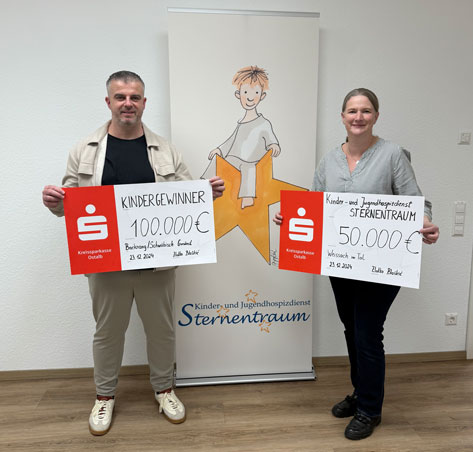 Das Bild zeigt zwei Personen, einen Mann und eine Frau, die vor einem Banner des Kinder- und Jugendhospizdienstes „Sternentraum“ stehen. Der Mann hält einen Scheck über 100.000 € in den Händen, die Frau einen Scheck über 50.000 €. Beide Schecks wurden von der Kreissparkasse Deutz ausgestellt und scheinen im Zusammenhang mit einer Spendenaktion oder einem Gewinnspiel zu stehen. Das Banner zeigt ein kindliches Motiv mit einem Stern. Das Bild suggeriert eine Spendenübergabe an den „Sternentraum“.