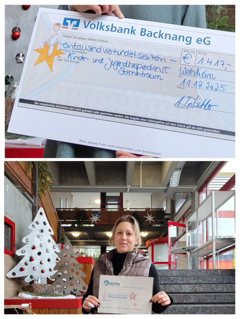 Spendenübergabe Das Bild zeigt zwei Szenen. Die obere Hälfte zeigt eine Person, die einen Scheck der