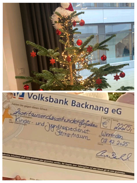 Spendenübergabe Das Bild zeigt eine Collage aus zwei Aufnahmen. Oben ist ein Weihnachtsbaum zu sehen, der mit roten Kugeln und Sternen geschmückt ist und eine Lichterkette hat. Auf der Spitze des Baumes befindet sich eine Art weiße Dekoration mit einer roten Weihnachtsmannmütze. Im Vordergrund der unteren Aufnahme sieht man einen Scheck der Volksbank Backnang eG über 2225 Euro. Der Scheck ist an den