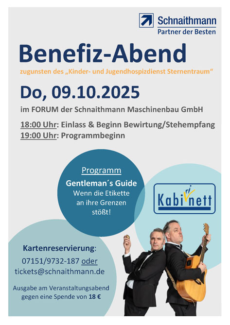 Das Bild zeigt eine Ankündigung für einen Benefiz-Abend am 09.10.2025 im FORUM der Schnaithmann Maschinenbau GmbH zugunsten des Kinder- und Jugendhospizdienstes Sternentraum. Der Abend beinhaltet den Auftritt von 