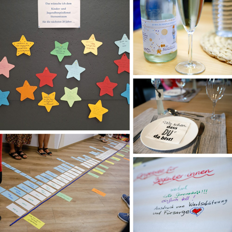 Sommerfest 2026 Das Bild zeigt eine Collage von vier Fotos. Das obere linke Foto zeigt eine Wand mit bunten Sternaufklebern, auf denen Nachrichten stehen. Das obere rechte Foto zeigt eine Flasche Sekt und ein Glas. Das untere linke Foto zeigt eine Zeitachse, die mit farbigen Karten angelegt ist. Das untere rechte Foto zeigt eine handgeschriebene Nachricht auf einem Blatt Papier.