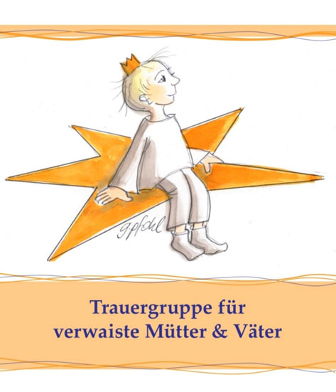 Sternenprinz Das Bild zeigt eine Zeichnung eines jungen Mannes mit einer Krone auf dem Kopf, der auf einem orangefarbenen Stern sitzt. Darunter steht in blauer Schrift: